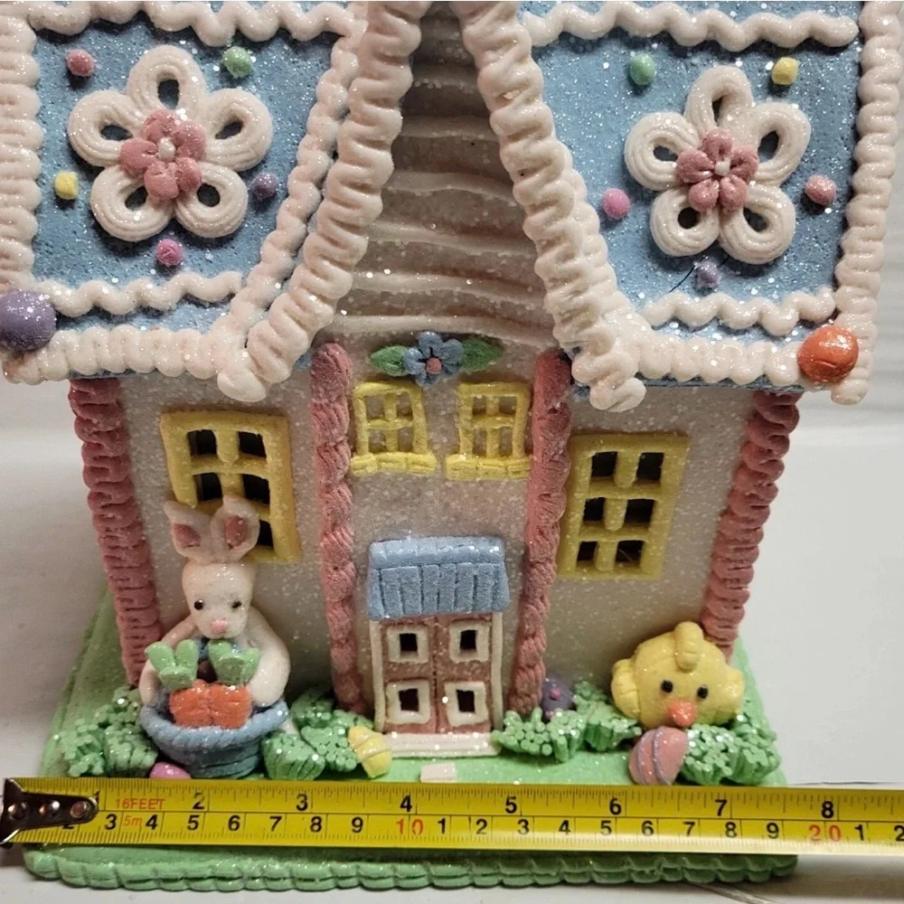 Easter Spring Clay Dough Light Up House 9” White Bunny In Glittered Gingerbread